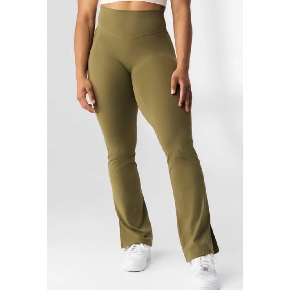 NWOT VITALITY Olive Green High Rise Flare Leggings with‎ Split Hem Detail